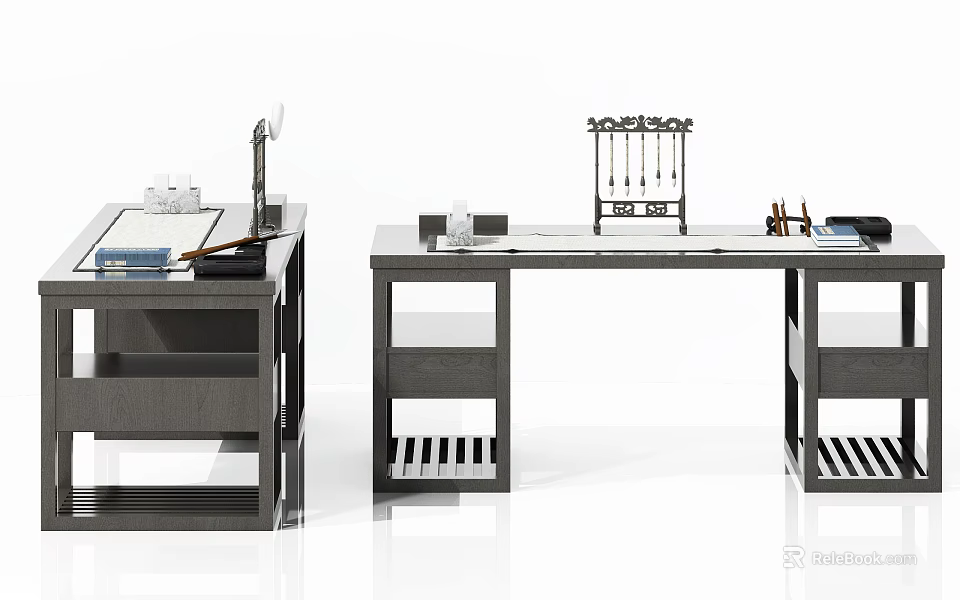 Modern Home Office Desk With Drawers Stationery And Desk Lamp Setup 3d model 