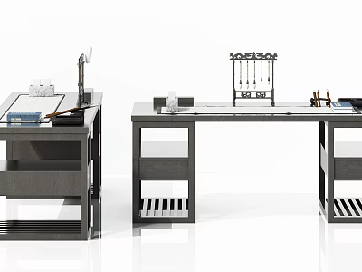 Modern Home Office Desk With Drawers Stationery And Desk Lamp Setup 3d model