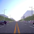 Wide Municipal Road With Two Way Lanes Yellow Dividing Lines Street Lights Trees And Vehicles