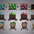 Wooden Carts Filled With Colorful Items In Various Colors Arranged Together