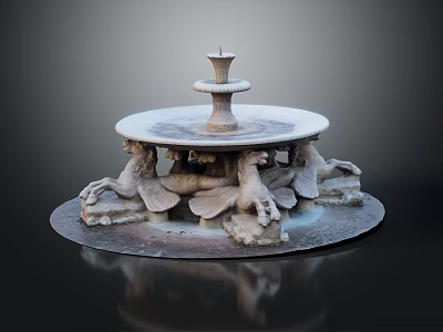 Decorative Garden Ornament Stone Fountain Featuring Mythical Creature Carvings On Circular Base 3d model