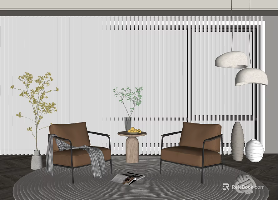 Modern Leisure Sofa Set With Accent Chairs Side Table And Decorative Plants 3d model