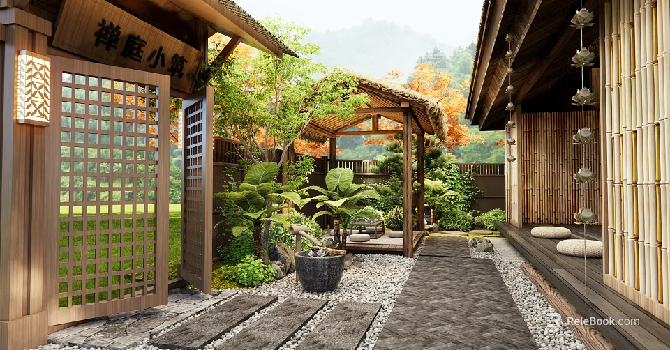 Zen Courtyard Garden With Bamboo Gate Wooden Pergola Stone Path Pebbles And Distant Mountains 3d model 