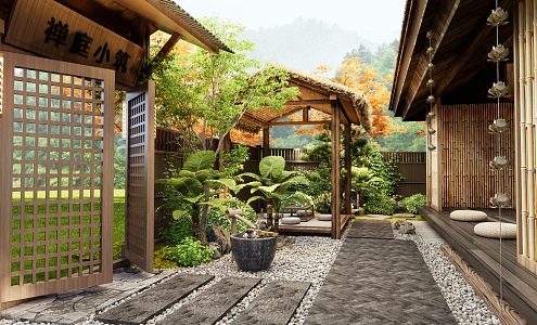 Japanese-style Zen courtyard landscape thatched pavilion plant pile stone water bowl courtyard gate 3d model