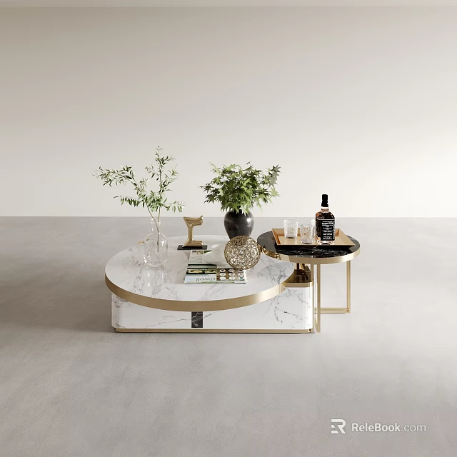 Round Marble Top Coffee Table With Gold Frame Green Plants And Decorative Items 3d model
