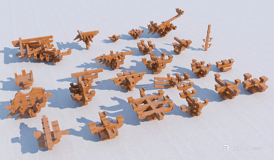 Traditional Wooden Architectural Components With Mortise And Tenon Joints Scattered On White Background 3d model 