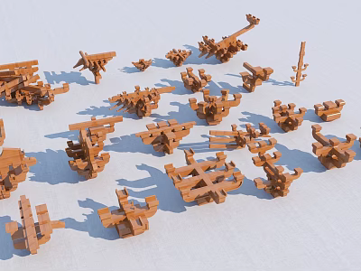 Traditional Wooden Architectural Components With Mortise And Tenon Joints Scattered On White Background 3d model