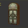 Artistic Wooden Door With Stained Glass Floral Patterns And Arched Top Design