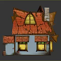 Cartoon House With Red Tiled Roof Blue Walls Yellow Windows Small Signboard And Wooden Barrel