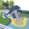 Kids Play Area Design With Net Stairs Blue Canopies Colorful Flooring And Green Plant