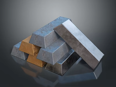 Silver Gold Gray Metal Ingot Bars Stacked Together As Industrial Equipment Materials 3d model