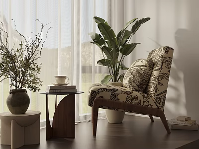 Patterned Accent Chair With Side Table Potted Plants And Coffee Cup In Bright Living Room 3d model