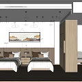 Modern Hotel Guest Room With Twin Beds Nightstands Wooden Wardrobe And Wall Painting