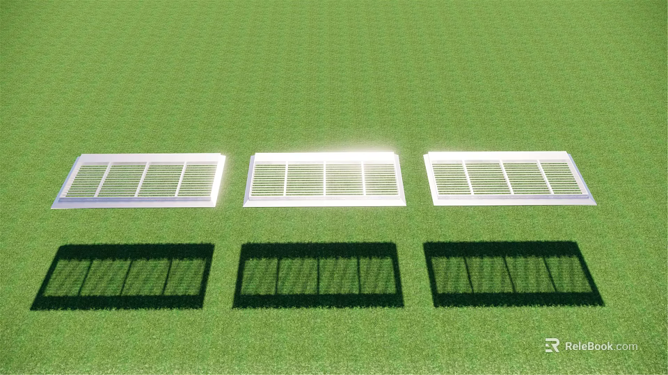 Outdoor Green Lawn Three White Framed Grid Design Sunshades with Shadows 3d model 