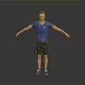 Man In Blue T-shirt And Black Shorts With Arms Outstretched On Gray Gradient Background