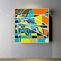 Colorful Abstract Geometric Painting With Various Shapes Hanging On Gray Wall