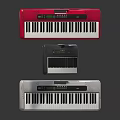 Sleek Modern Musical Instruments Keyboards in Red Gray Silver Stacked on Dark Background