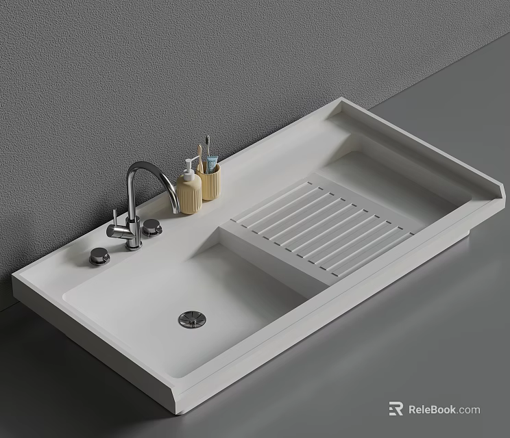 Modern White Washbasin Featuring Chrome Faucet Toiletries And Drainage Rack 3d model 