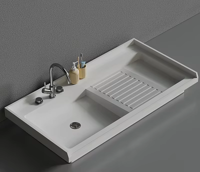 Modern White Washbasin Featuring Chrome Faucet Toiletries And Drainage Rack 3d model