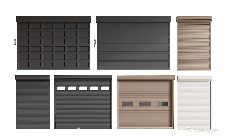 Various Garage Door Styles With Different Colors And Panel Designs 3d model