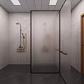 Modern Other Restroom Interior with Light Tiled Walls Dark Floor White Sink Mirror and Toilet