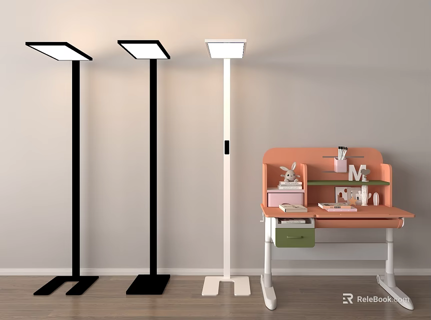 Orange Study Desk With Shelf Drawer And Three Floor Lamps In Room 3d model 