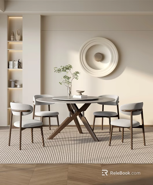 Modern Minimalist Dining Table Set With Round Top Four Light Gray Chairs Wooden Cross Legs 3d model 