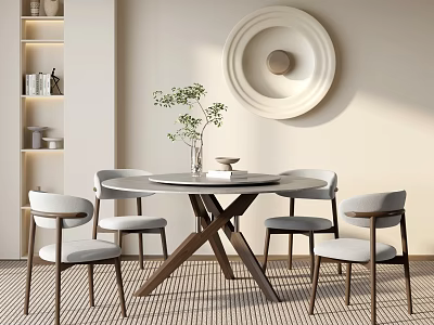 Modern Minimalist Dining Table Set With Round Top Four Light Gray Chairs Wooden Cross Legs 3d model