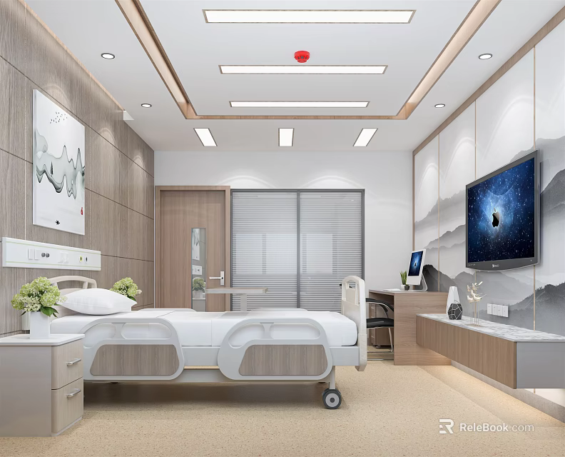 Modern Hospital Room Interior With Medical Bed TV Decorative Painting And Nightstand 3d model 