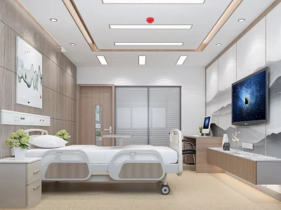 Modern Hospital Room Interior With Medical Bed TV Decorative Painting And Nightstand 3d model