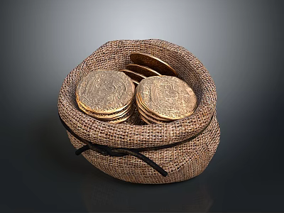 Burlap Sack Filled With Stacked Gold Coins As Everyday Household Item 3d model