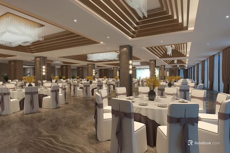 Elegant Banquet Hall Interior With Luxurious Chandeliers Tables Chairs And Flower Decorations 3d model 