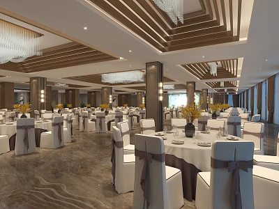 Elegant Banquet Hall Interior With Luxurious Chandeliers Tables Chairs And Flower Decorations 3d model