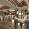 Elegant Banquet Hall Interior With Luxurious Chandeliers Tables Chairs And Flower Decorations