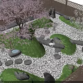 Serene Karesansui Dry Landscape Garden With Mossy Stones Cherry Blossom Trees And Raked Gravel Pathway