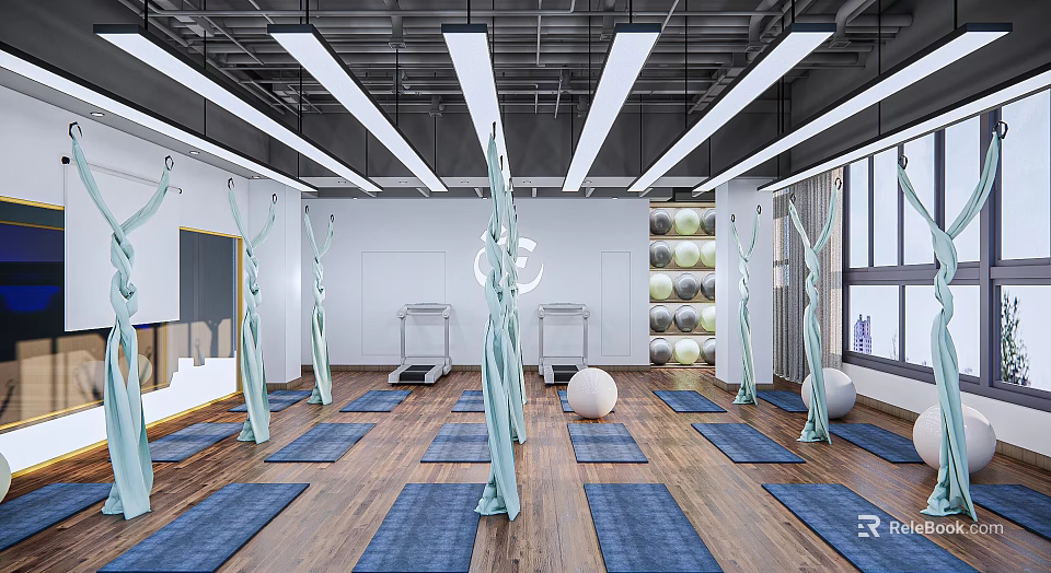 Bright Yoga Studio Interior with Wooden Floor Yoga Mats Exercise Balls Wall Pads and Treadmills 3d model 
