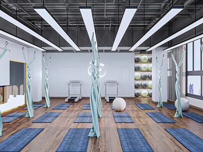 Bright Yoga Studio Interior with Wooden Floor Yoga Mats Exercise Balls Wall Pads and Treadmills 3d model