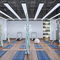 Bright Yoga Studio Interior with Wooden Floor Yoga Mats Exercise Balls Wall Pads and Treadmills