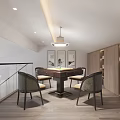 Modern Study Room Interior With Wooden Staircase Built-in Bookshelves Calligraphy Artworks And Natural Light