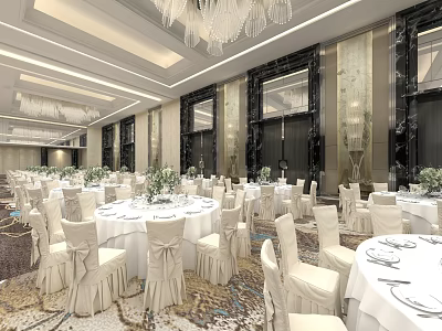 Elegant Banquet Hall With Round Tables White Tablecloths Chair Covers Chandeliers And Marble Walls 3d model