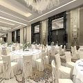 Elegant Banquet Hall With Round Tables White Tablecloths Chair Covers Chandeliers And Marble Walls