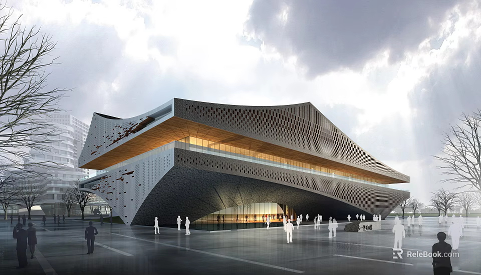 Contemporary Public Building Design With Cantilevered Roof And Perforated Geometric Facade 3d model 
