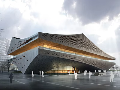 Contemporary Public Building Design With Cantilevered Roof And Perforated Geometric Facade 3d model