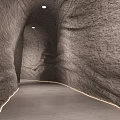 Stone And Wood Tunnel Interior With Textured Walls Smooth Floor And Strip Lighting