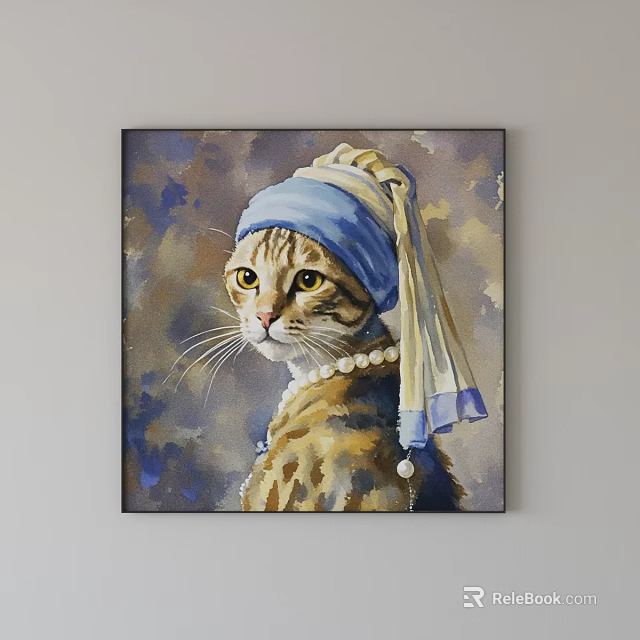 Cat Animal Painting With Pearl Earring And Blue White Headscarf Artistic Background 3d model 