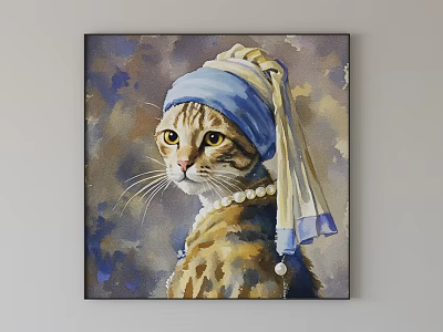 Cat Animal Painting With Pearl Earring And Blue White Headscarf Artistic Background 3d model