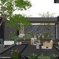 Modern Outdoor Courtyard Garden Design With Rattan Chairs Green Plants Water Feature And Natural Light