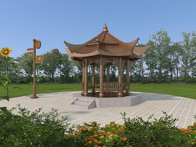 Traditional Chinese Style Pavilion With Sunflowers Signpost Green Trees And Orange Flowers 3d model
