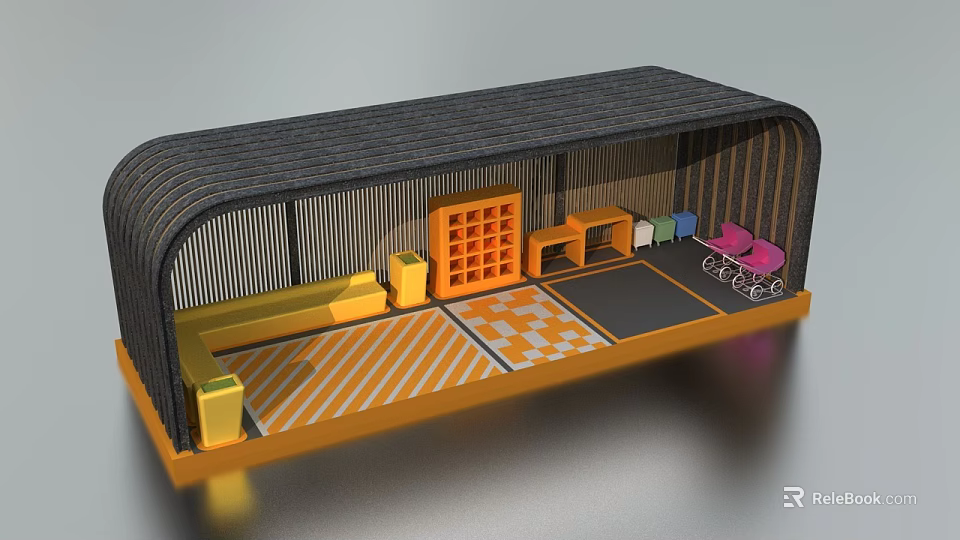Small Indoor Space With Yellow Furniture Orange Grid Pink Chair Bicycle And Geometric Floor 3d model 