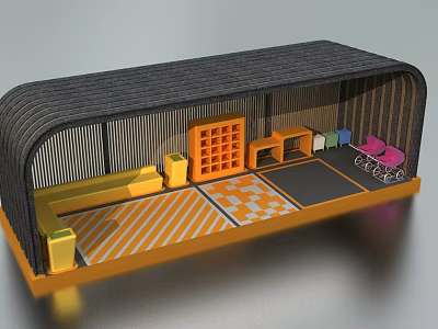 Small Indoor Space With Yellow Furniture Orange Grid Pink Chair Bicycle And Geometric Floor 3d model